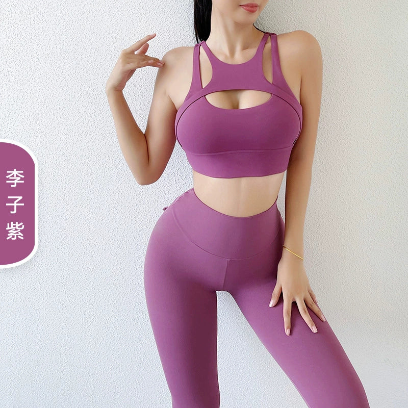Yoga Clothes Suit Women's Sexy Fashion Gather Shockproof Brushed Classy Internet Celebrity Peach Hip Tight High Waist Fitness Pants
