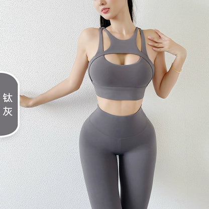 Yoga Clothes Suit Women's Sexy Fashion Gather Shockproof Brushed Classy Internet Celebrity Peach Hip Tight High Waist Fitness Pants