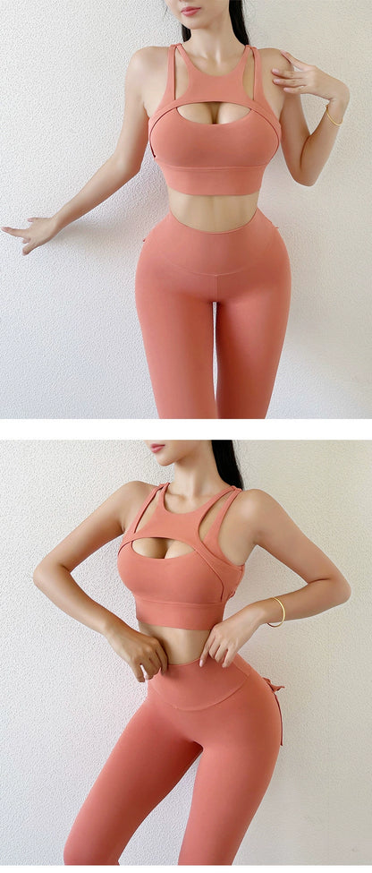 Yoga Clothes Suit Women's Sexy Fashion Gather Shockproof Brushed Classy Internet Celebrity Peach Hip Tight High Waist Fitness Pants