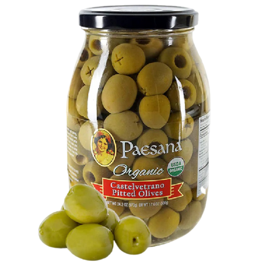 PAESANA ORGANIC CASTELVERTRANO PITTED OLIVES 500G