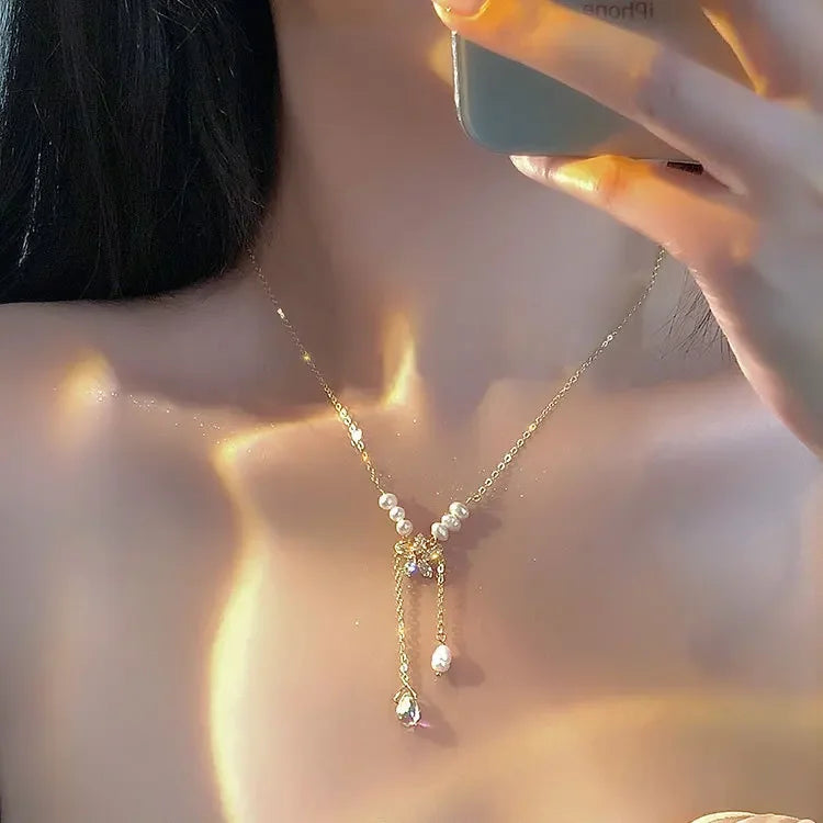 New Fashion Stainless Steel Peach Heart Pendant Y-Shaped Chain Tassel Necklace Women's High Quality Jewelry Party Gift Wholesale