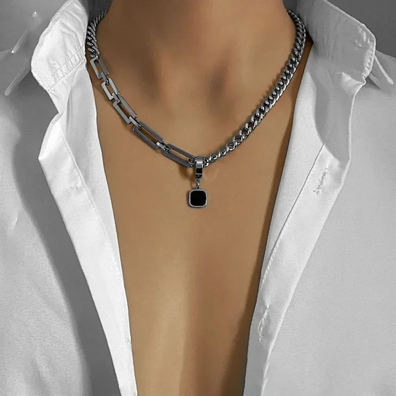 Men Trendy Hip Hot Black Square Pendant Necklace Asymmetric Stainless Steel Cuba Chain Necklace for Men Jewelry