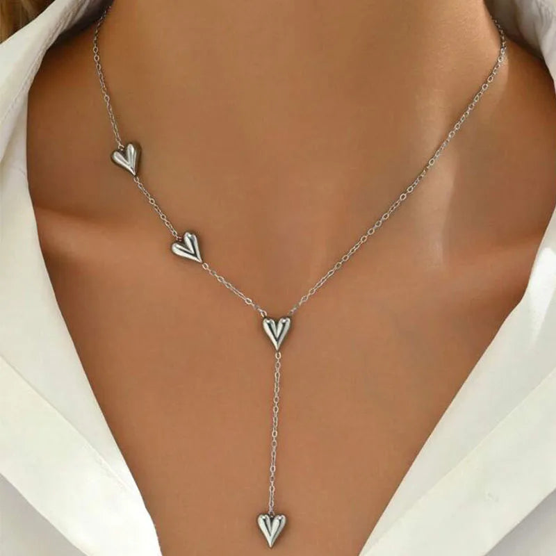 New Fashion Stainless Steel Peach Heart Pendant Y-Shaped Chain Tassel Necklace Women's High Quality Jewelry Party Gift Wholesale