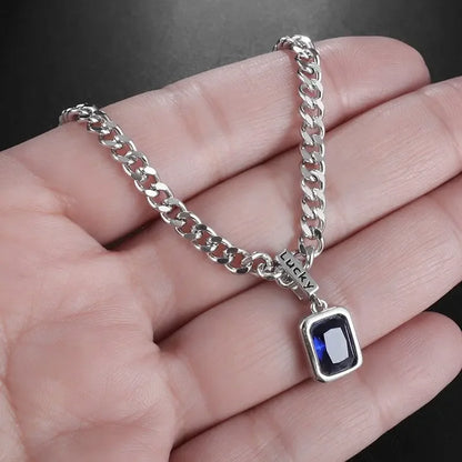 Fashion Simple Stainless Steel Persian Gulf Sea Blue Zircon Cube Pendant Necklace for Men Women Personality Charm Jewelry Gifts