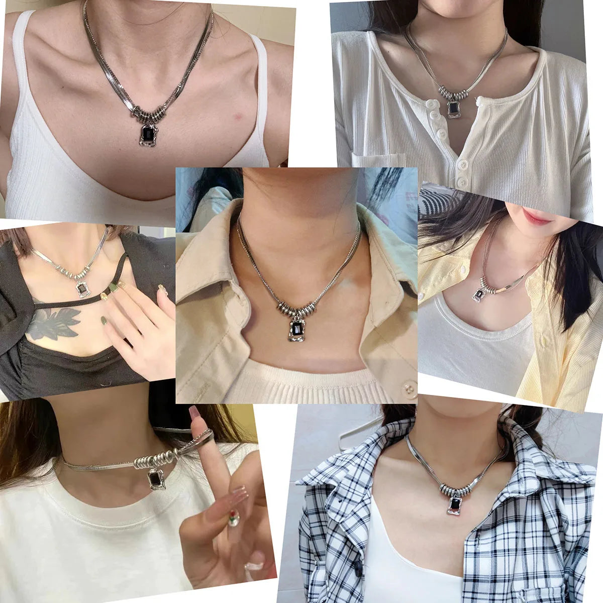 Layered Stainless Steel Chains Choker Necklace for Women Gothic Style Square Crystal Pendant Necklace Girls Sweater Chains New
