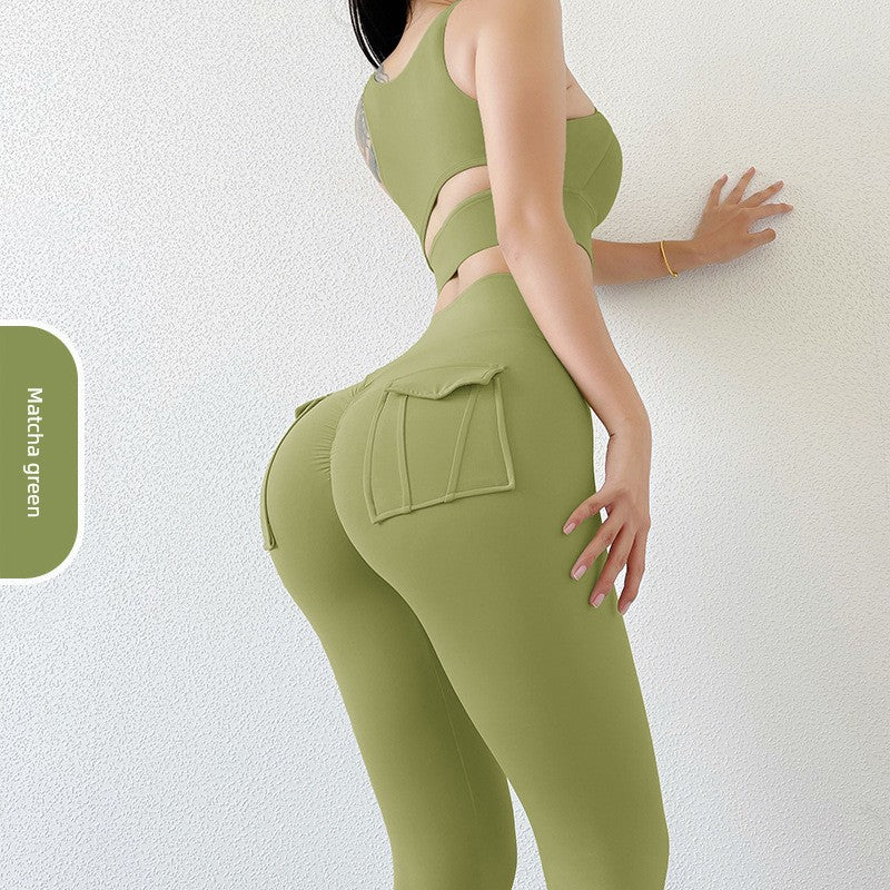 Yoga Clothes Suit Women's Sexy Fashion Gather Shockproof Brushed Classy Internet Celebrity Peach Hip Tight High Waist Fitness Pants