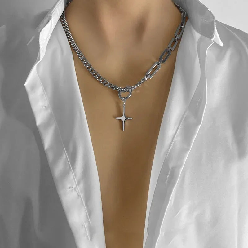 Men Trendy Hip Hot Black Square Pendant Necklace Asymmetric Stainless Steel Cuba Chain Necklace for Men Jewelry
