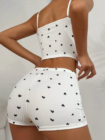 Women Pajamas Suit Camisole Short Pants Heart Print Bow Shorts Summer 2 Piece Sets Sweet Sleeveless Sleepwear Outfits Loungewear