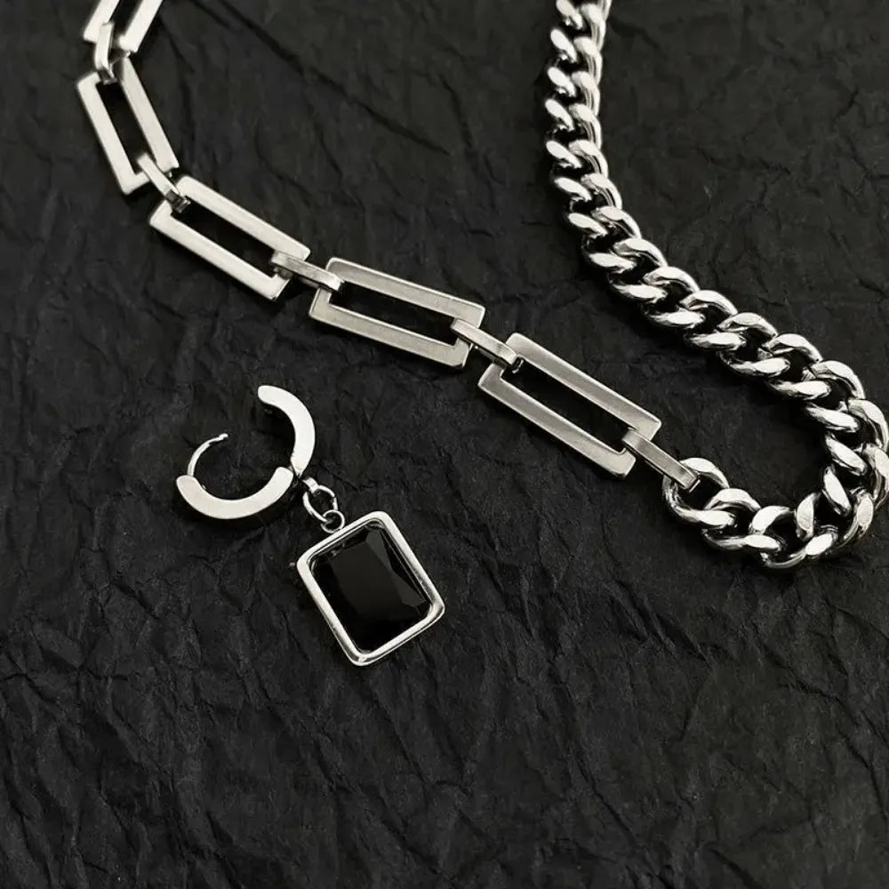 Men Trendy Hip Hot Black Square Pendant Necklace Asymmetric Stainless Steel Cuba Chain Necklace for Men Jewelry