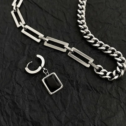 Men Trendy Hip Hot Black Square Pendant Necklace Asymmetric Stainless Steel Cuba Chain Necklace for Men Jewelry