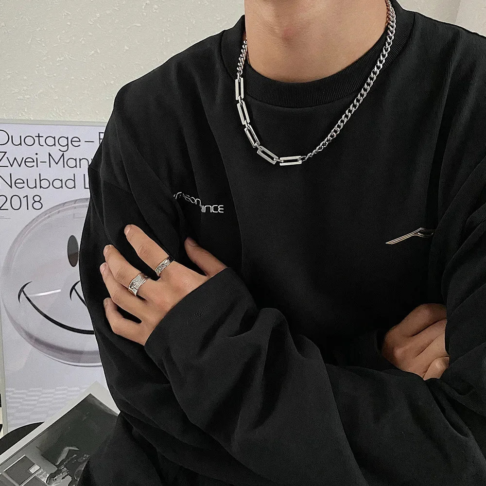 Men Trendy Hip Hot Black Square Pendant Necklace Asymmetric Stainless Steel Cuba Chain Necklace for Men Jewelry