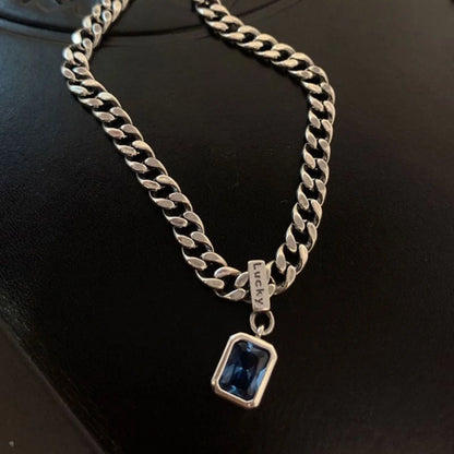 Fashion Simple Stainless Steel Persian Gulf Sea Blue Zircon Cube Pendant Necklace for Men Women Personality Charm Jewelry Gifts