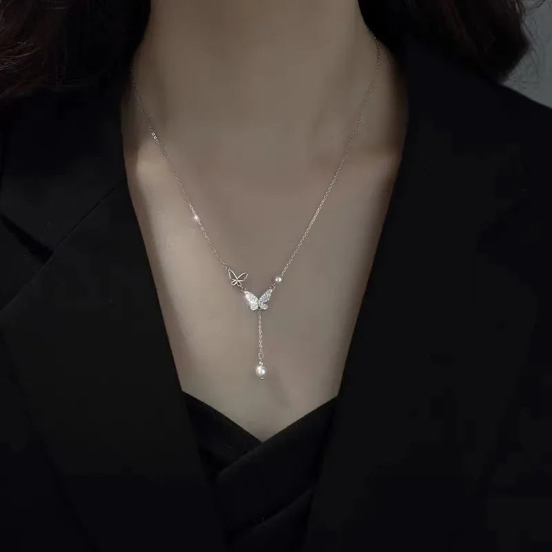 New Fashion Stainless Steel Peach Heart Pendant Y-Shaped Chain Tassel Necklace Women's High Quality Jewelry Party Gift Wholesale