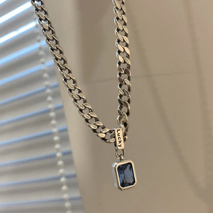 Fashion Simple Stainless Steel Persian Gulf Sea Blue Zircon Cube Pendant Necklace for Men Women Personality Charm Jewelry Gifts