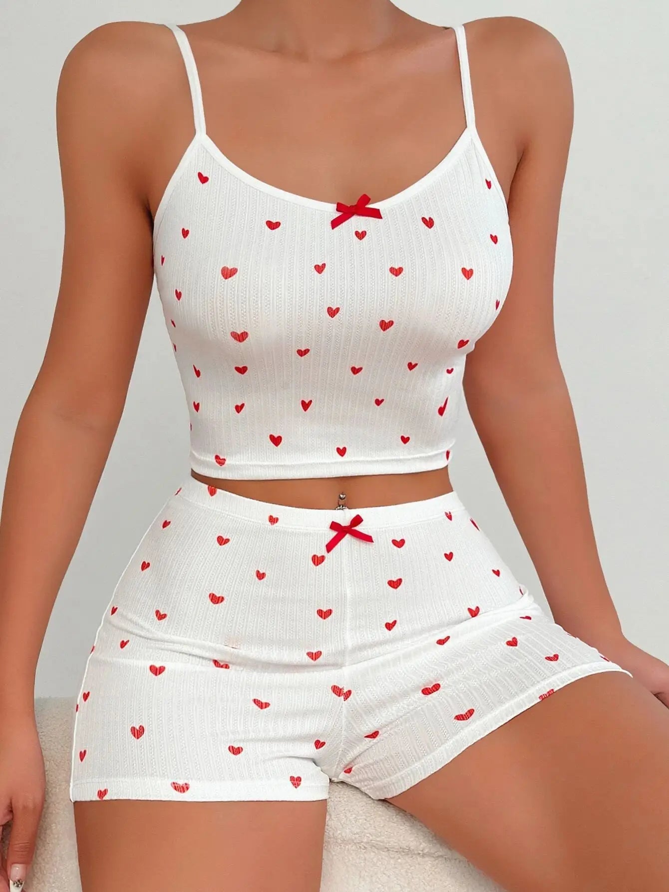 Women Pajamas Suit Camisole Short Pants Heart Print Bow Shorts Summer 2 Piece Sets Sweet Sleeveless Sleepwear Outfits Loungewear