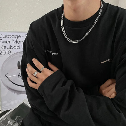 Men Trendy Hip Hot Black Square Pendant Necklace Asymmetric Stainless Steel Cuba Chain Necklace for Men Jewelry