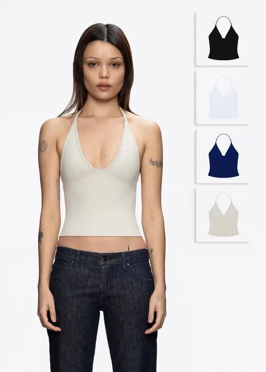tank summer triangular cup neck hanging V-neck vest, same as Hailey's suspender, Dip halter, low cut, backless top women