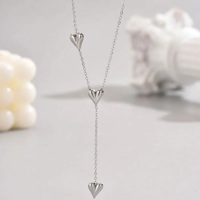 New Fashion Stainless Steel Peach Heart Pendant Y-Shaped Chain Tassel Necklace Women's High Quality Jewelry Party Gift Wholesale
