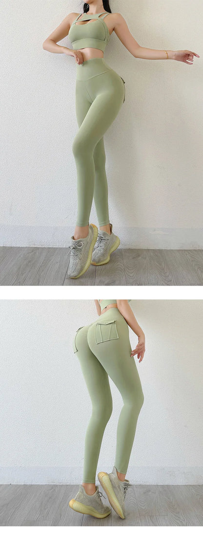 Nylon Leggings Women's Pants Sport Yoga Pants Sexy Tight High Waist Elastic Women's Panties Pocket legging High Workout