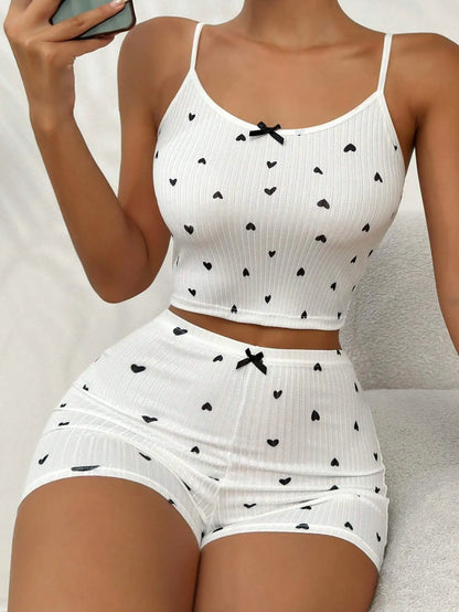 Women Pajamas Suit Camisole Short Pants Heart Print Bow Shorts Summer 2 Piece Sets Sweet Sleeveless Sleepwear Outfits Loungewear