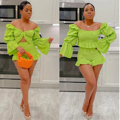 Chic Women Sweet Set Puff Sleeve Crop Tops and Shorts Outfits Solid Stretch Pleated Sexy Summer Girl 2 Two Piece Suit