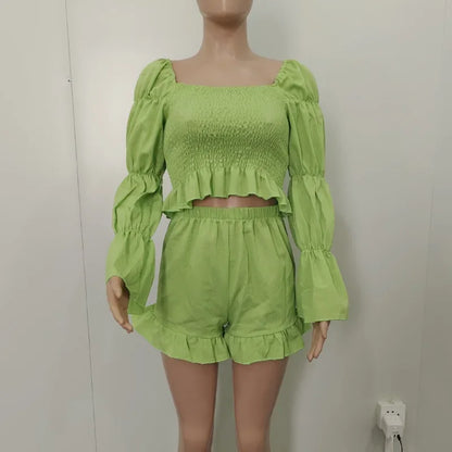 Chic Women Sweet Set Puff Sleeve Crop Tops and Shorts Outfits Solid Stretch Pleated Sexy Summer Girl 2 Two Piece Suit