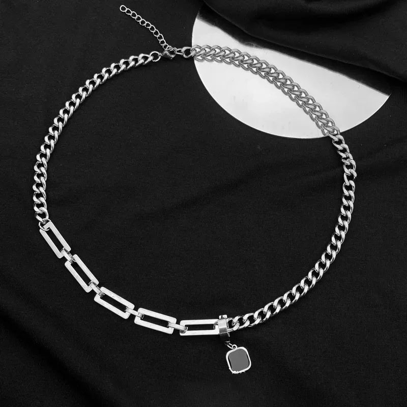 Men Trendy Hip Hot Black Square Pendant Necklace Asymmetric Stainless Steel Cuba Chain Necklace for Men Jewelry