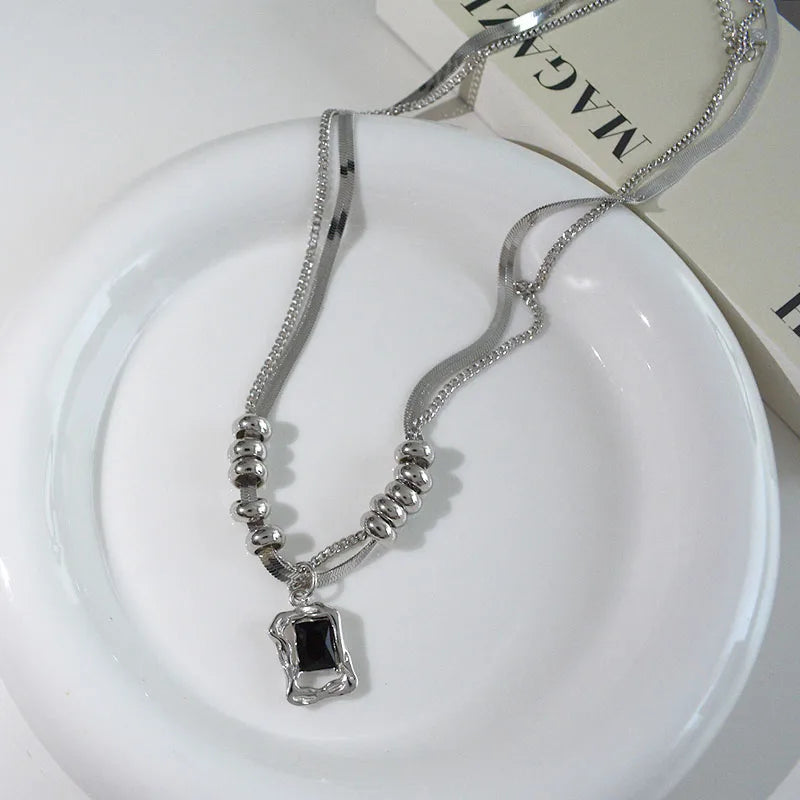 Layered Stainless Steel Chains Choker Necklace for Women Gothic Style Square Crystal Pendant Necklace Girls Sweater Chains New