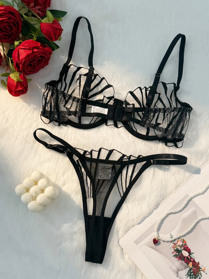 2pcs Women's Bra Set Sexy Lace Mesh Lingerie Set Ultra Thin Breathable Comfortable Lightweight Scallop Transparent Lingerie Set