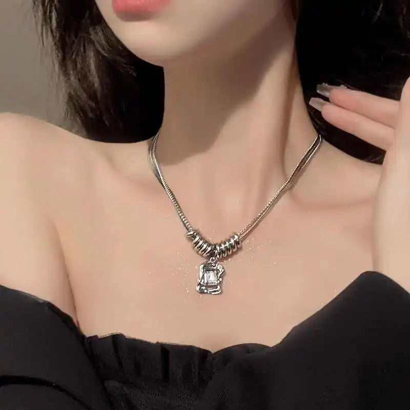 Layered Stainless Steel Chains Choker Necklace for Women Gothic Style Square Crystal Pendant Necklace Girls Sweater Chains New