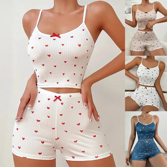 Women Pajamas Suit Camisole Short Pants Heart Print Bow Shorts Summer 2 Piece Sets Sweet Sleeveless Sleepwear Outfits Loungewear