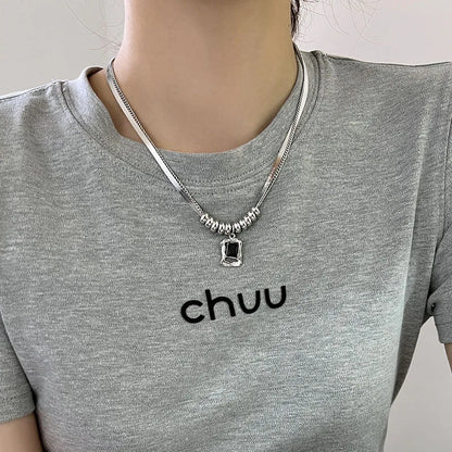 Layered Stainless Steel Chains Choker Necklace for Women Gothic Style Square Crystal Pendant Necklace Girls Sweater Chains New
