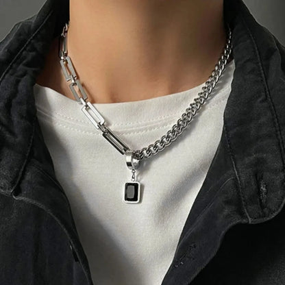Men Trendy Hip Hot Black Square Pendant Necklace Asymmetric Stainless Steel Cuba Chain Necklace for Men Jewelry