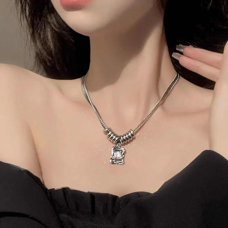 Layered Stainless Steel Chains Choker Necklace for Women Gothic Style Square Crystal Pendant Necklace Girls Sweater Chains New