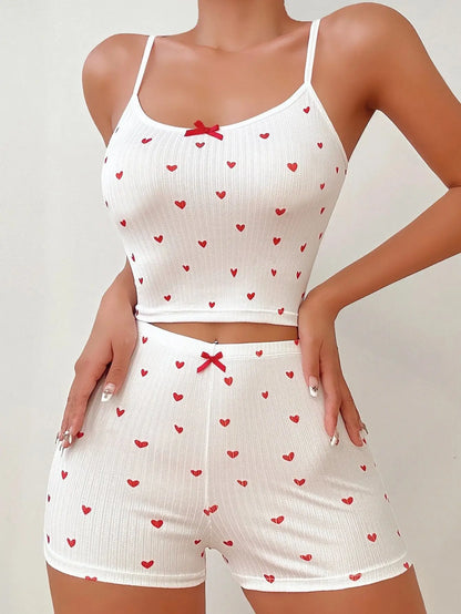 Women Pajamas Suit Camisole Short Pants Heart Print Bow Shorts Summer 2 Piece Sets Sweet Sleeveless Sleepwear Outfits Loungewear
