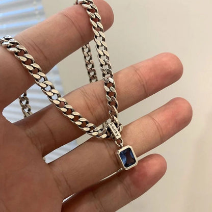Fashion Simple Stainless Steel Persian Gulf Sea Blue Zircon Cube Pendant Necklace for Men Women Personality Charm Jewelry Gifts