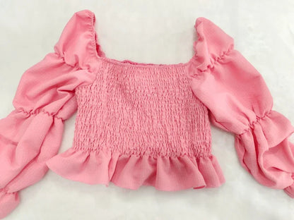 Chic Women Sweet Set Puff Sleeve Crop Tops and Shorts Outfits Solid Stretch Pleated Sexy Summer Girl 2 Two Piece Suit