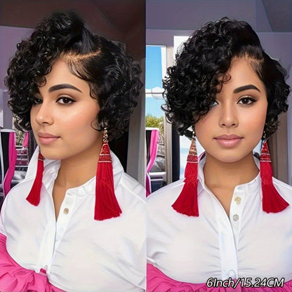 Women'S 13x4 Lace Front Human Hair Wig - Natural Black Short Bob with Water Wave Texture, Density Curly Pixie Cut, Elastic Band Closure & Breathable Lace for | Realistic Short Hairstyle for Everyday & Special Occasions (No Ma