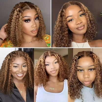Brazilian Human Hair Short Bob Wig with 13x4 Lace Front - Brown to Blonde Ombre Curly Wigs for Women & Men, 200% Density Water Wave Bob Cut, Full Lace Frontal Wig for Sensitive Scalp (/Korean Style)