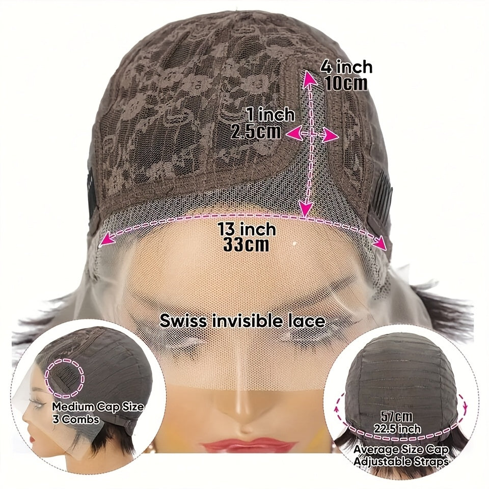 Women'S 13x4 Lace Front Human Hair Wig - Natural Black Short Bob with Water Wave Texture, Density Curly Pixie Cut, Elastic Band Closure & Breathable Lace for | Realistic Short Hairstyle for Everyday & Special Occasions (No Ma