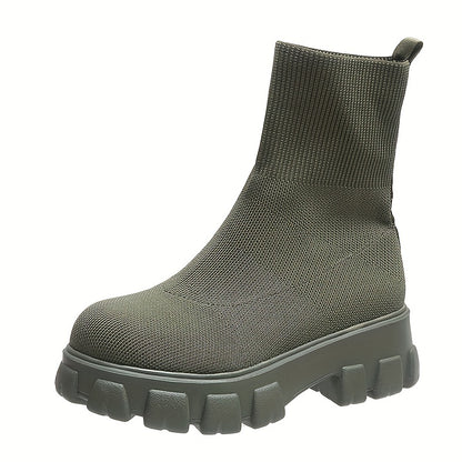 Women's Thick-soled Short Boots, Knitted Round Toe Shoes
