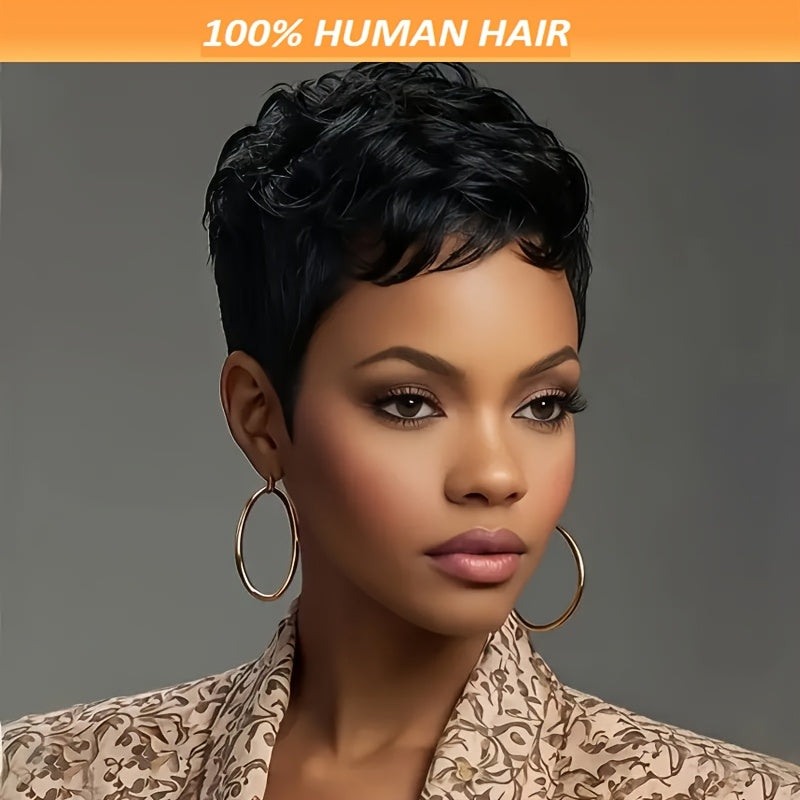 Women'S Brazilian Human Hair Wig - Natural Look Short Pixie Cut, 6 Inch, 150% Density, Straight Hair, 1B Color, Rose Net Cap, for Everyday & Special Occasions