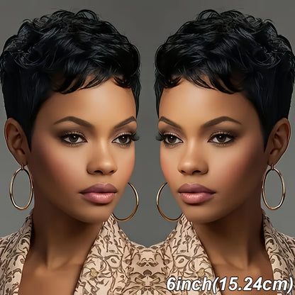 Women'S Brazilian Human Hair Wig - Natural Look Short Pixie Cut, 6 Inch, 150% Density, Straight Hair, 1B Color, Rose Net Cap, for Everyday & Special Occasions
