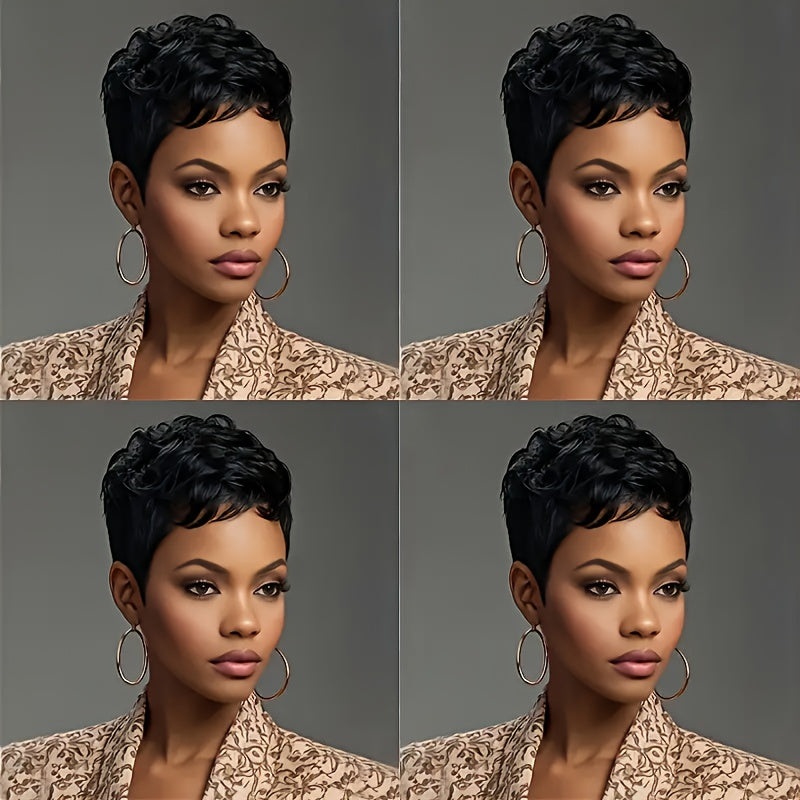 Women'S Brazilian Human Hair Wig - Natural Look Short Pixie Cut, 6 Inch, 150% Density, Straight Hair, 1B Color, Rose Net Cap, for Everyday & Special Occasions