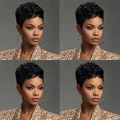 Women'S Brazilian Human Hair Wig - Natural Look Short Pixie Cut, 6 Inch, 150% Density, Straight Hair, 1B Color, Rose Net Cap, for Everyday & Special Occasions