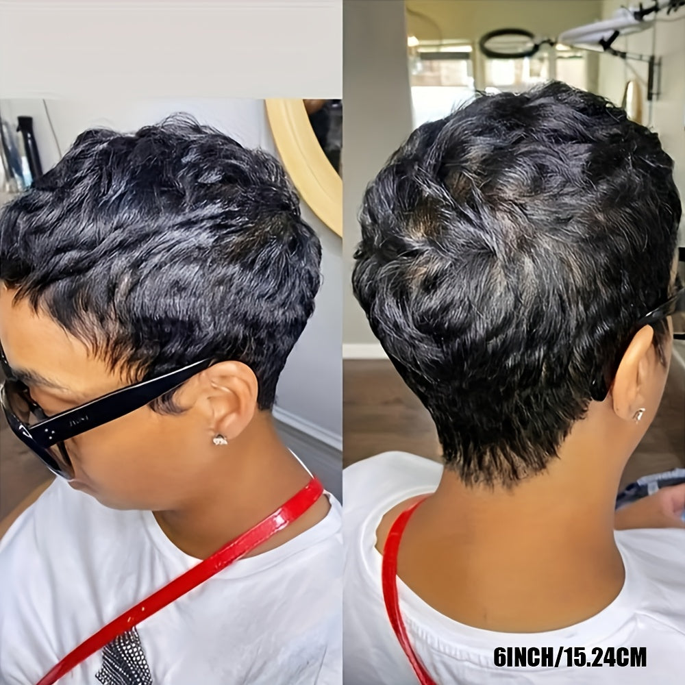 Brazilian Human Hair Wig Pixie Cut Short with Bangs - 180% Density Rose Net Cap Machine-Woven Wig for Women, Natural Straight Hair, Elegant Style, Fit All Ethnicities, Short Hair Wig, Versatile Hairpiece, Chic Hairpiece