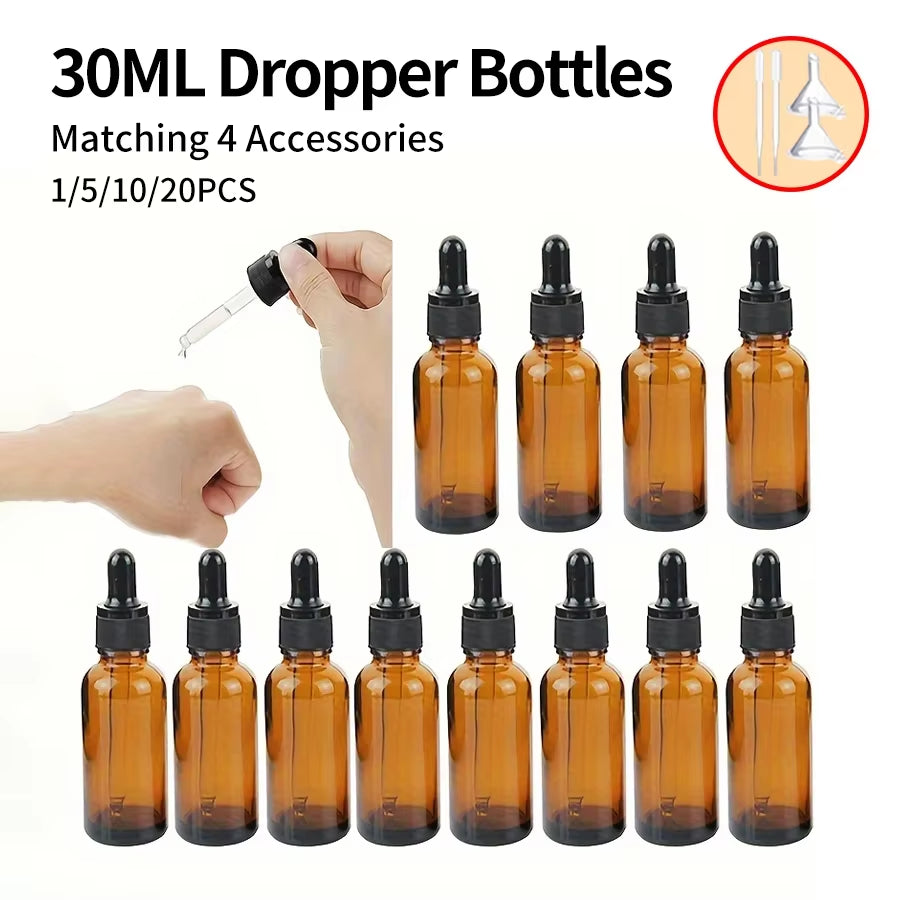 5/10/20Pcs + 4 Accessories 5/10/15/20/30Ml Refillable Glass Dropper Bottle 2 Funnels 2 Pipettes for Essential Oils and Perfumes